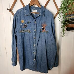 Vintage‎ Cabin Creek Halloween Embroidered XL  Button Up Witch Ghost Grave Yard